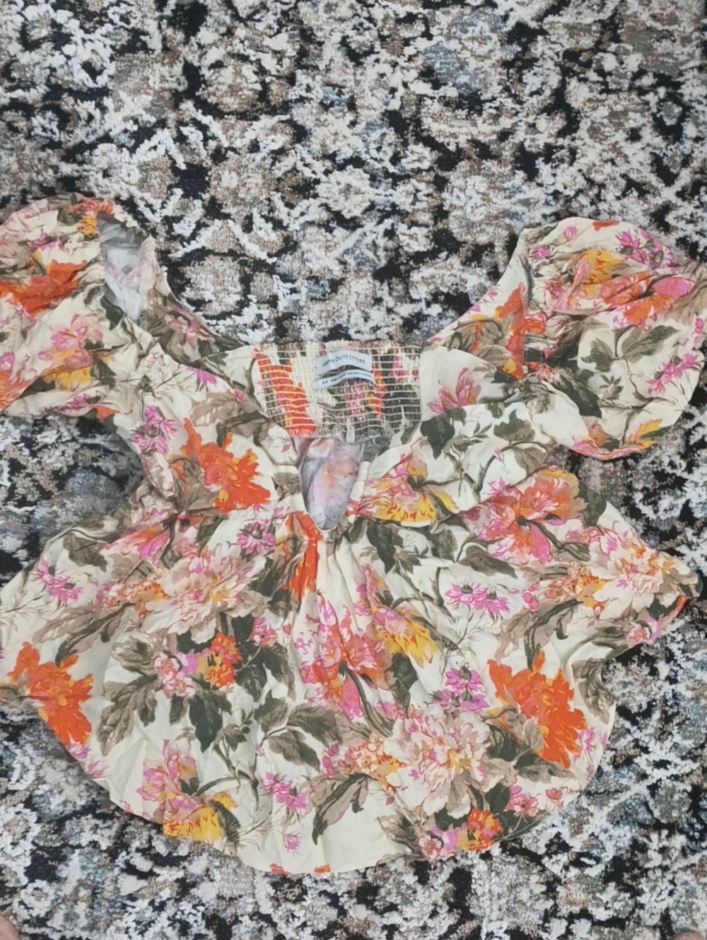 Urban Outfitters Floral Puff-Sleeve Top in Cream, Orange, Pink, Green